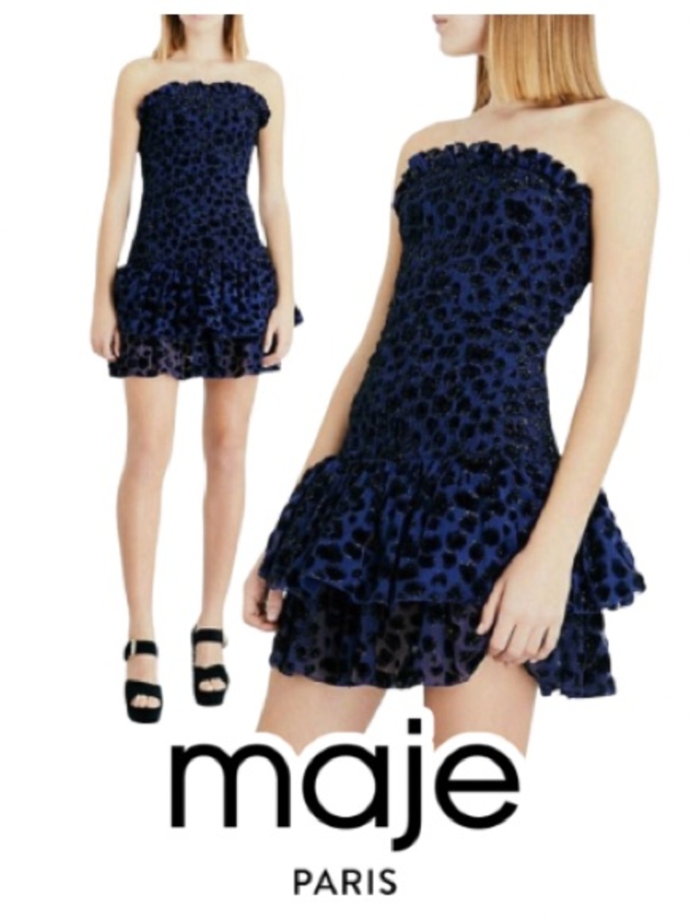 Maje | Raziel Blue Black Leopard Strapless Mini Dress Paris - Size 1